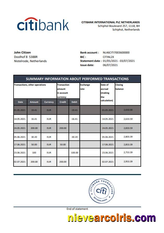 Netherlands Citibank excel